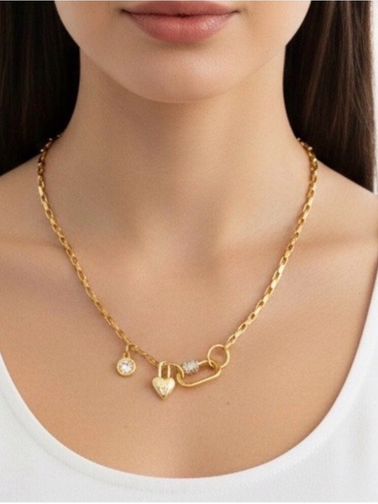 KB Jewelry - 18K Gold Plated Locked Heart Carabiner Necklace Titanium Steal Womens Jewelry